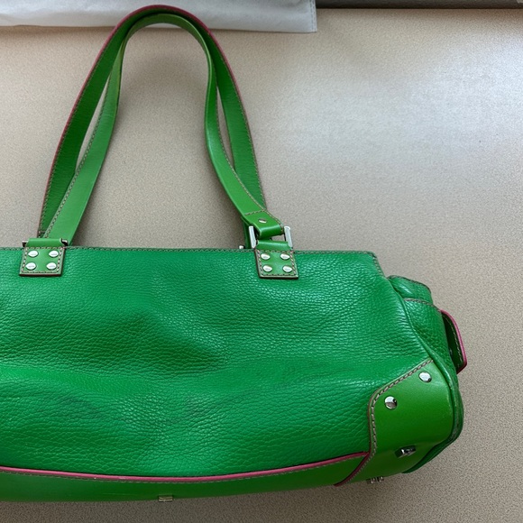 Lambertson Truex handbag bright green leather with hot pink suede lining - Picture 14 of 15